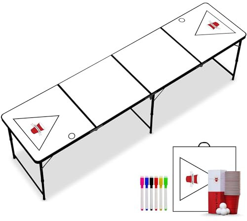 RedCupShop® Bierpong Tisch 'Zum Selbst Gestalten' Set | Tisch mit Markern & Stiften inkl. 50 Bechern & 8 Bällen | Klappbar, Tragbar & Wasserabweisend
