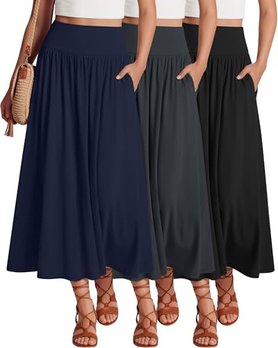 Ficerd Lot de 3 Jupes Longues Maxi pour Femmes, Longueur Cheville, Taille Haute, Coupe Trapèze Fluide, Poches, Été