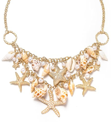 Ever Faith Shell Necklace for Women, Boho Handmade Starfish Conch Statement Chunky Collar Necklaces Mermaid Costume Beach Jewellery for Summer Holiday