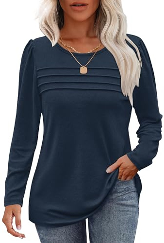 WNEEDU Långärmad damtröja rund hals ledig lös tröja damer trendig veckad sweatshirt höst vinter puli toppar blus tunika toppar, Marinblå, L
