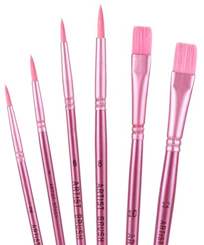 lasuroa 6uds Juego de Pinceles, Nailon Rosa Pinceles Pintar para Pintura Acrílica Punta Redonda y Plana para Óleo Acuarela Arte Facial Uñas Cuerpo Miniaturas Detalles Pintura Rupestre