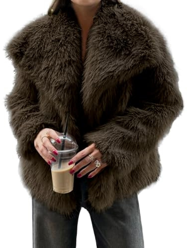 Yimoon Cappotto da donna in pelliccia sintetica con risvolto aperto sul davanti, soffice giacca a pelo lungo invernale caldo cappotto peloso | Colletto con risvolto, bottone a pressione, oversize, manica lunga, cappotto peloso corto, jaket corto