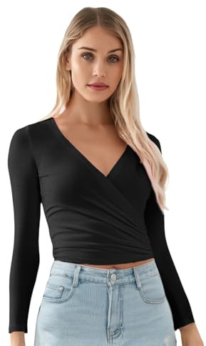 LYSINK Top da donna incrociato a maniche lunghe/corte scollo a V profondo tinta unita slim fit t-shirt yoga pilates balletto allenamento top, Bd Nero, S