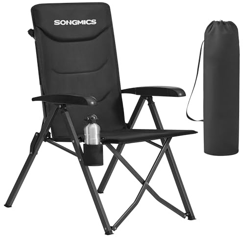 SONGMICS Sedia da campeggio pieghevole per adulti, schienale regolabile a 95°-150°, supporto girevole per bevande, borsa per il trasporto, per giardino, campeggio, pesca, colore nero GCB015BZ01