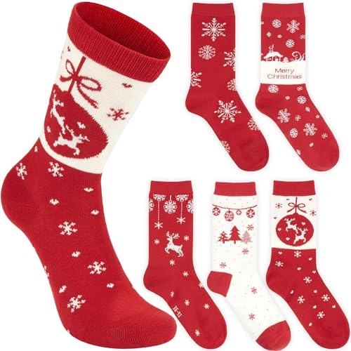 BRUBAKER 5 Par Julsockor för Damer - Julstrumpset med Norskt Mönster - Ren & Snöflingor - Vintersockor i Bomull - Perfekt Sockset för Julen - Röd & Vit - Perfekt Present för Kvinnor - Storlek 36-41
