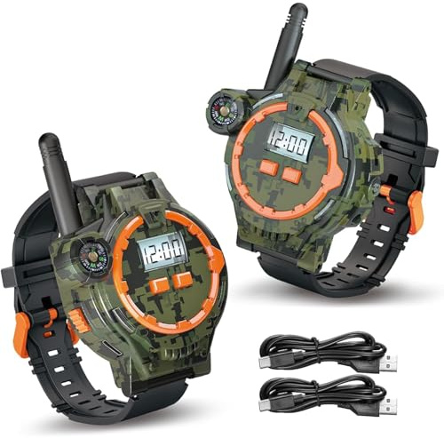 1 paire de talkies-walkies rechargeables USB pour enfants, montre talkie-walkie bidirectionnelle longue portée avec boussole, lampe de poche et heure et date réglables, équipement camping portable