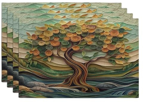 Paper Quilling Style Tree of Life Placemats Set of 4, 12x18 Inch, Fun 3D Tree 4Pcs Table Mats for Dinning, Aesthetic Pattern Holiday Home Kitchen Decor