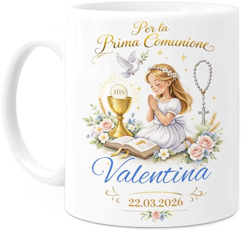 Tassenliebling Cupdarling – Comunione Tazza personalizzabile - Per la Prima Comunione - Regalo Memorabile - Tazzone Unico - Idea Regalo Speciale - Ceramica 330ml - Ragazza (Bianco)