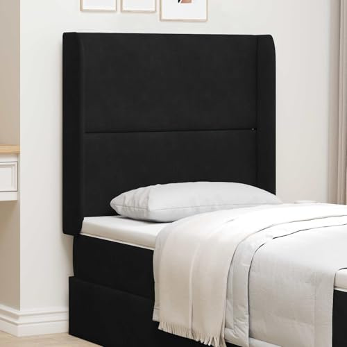 LoogCape Huvudgavel öra svart sammet vadderad 80 x 16 x 4 cm med träram, väggkudde för sovrum, resårsäng, dubbelsäng, bekvämt ryggstöd och dekorativ stoppning