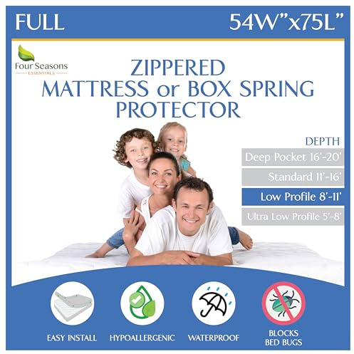 Full Size Mattress or Box Spring Encasement (8-11 Depth) Waterproof Zippered Protector Hypoallergenic Premium Bedbug Double Size Bed Cover Protects from Dust White