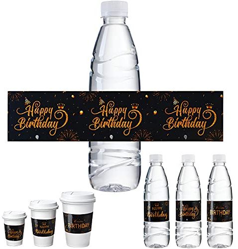 30 Etichette per Bottiglie d'Acqua di Happy Birthday Nero e Oro, Etichette per Involucro di Bottiglia d'Acqua Impermeabile di Compleanno Adesivi Personalizzati con Decorazioni per Bottiglie