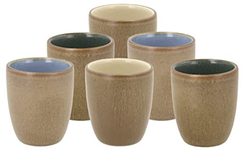 BITZ Espressotassen Steingut, Espresso Tassen Set, Schöne Espressobecher aus Keramik, Dänisches Design, 6er Set, Klein (9 cl), Spülmaschinenfest und Hitzebeständig, Wood/Bunt
