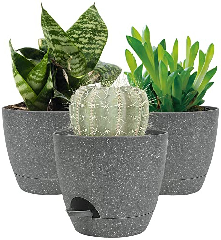 20CM Plant Pots Indoor,Self Watering Plant Pots of 3,Flower Pots with Drainage Holes and Trays,Decorative Modern Suitable for flowers,Snake Plant,Orchid,Lily, Aloe,Violet and House Plant(Grey)