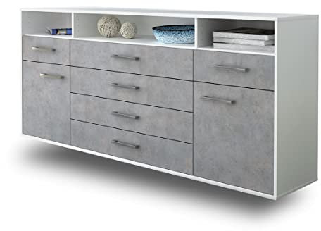 Lqliving Kommode Sideboard Bellevue, Korpus in Weiss matt, Front in moderner Beton Optik (180x77x35cm), inkl. Metall Griffen, Wandmontage, Made in Germany