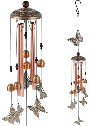 Windspiele Für Draußen Hängend, 90cm Windspiel Metall Mit 4 Aluminiumrohren, Wetterfest Kreative & S-Haken, Gedenk-Schmetterlings Klangspiel, Dekoratives Großes Flamingo-Engel-Windspiel(Schmetterling)