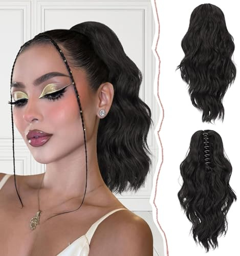 Sofeiyan Corto Artiglio Clip Ondulati Coda Cavallo Capelli Extensions 35cm Capelli Ricci Sintetici Parrucchino dall'Aspetto Naturale resistenti al calore Coda di Cavallo Posticci per Donne,Nero