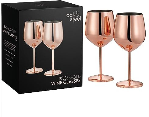 Oak & Steel - 2 Copas de Vino de Acero Inoxidable en Oro Rosa, 520 ml - Copas de Vino Tinto Elegantes e Irrompibles para Ocasiones Especiales con Caja de Regalo