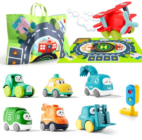 lerrbo 7PCS Toddler Truck Set with Crane & Light | With Playmat, Traffic Light, Storage Bag, ABS Plastic, No Small Parts, Rounded Edges, for Ages 1-3, First Birthday Gift