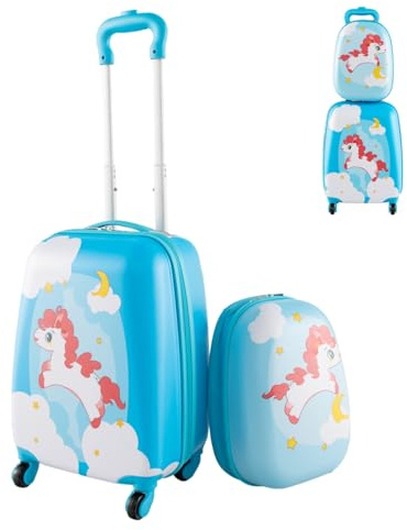 Maxmass 2PCS Kids Luggage Set, 12 & 16 Hard Shell Children Trolley Case with 4 Universal Wheels, Girls Boys Suitcase and Backpack Set for Travel (Orange, Unicorn)