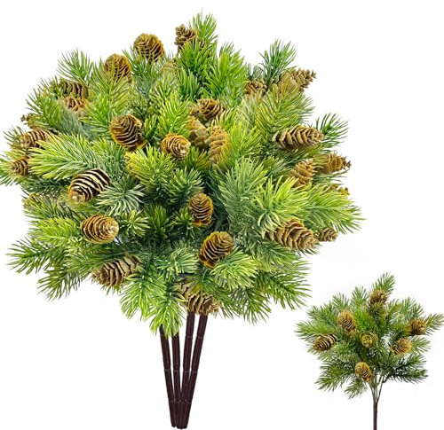 SNAIL GARDEN 4 Bunches Artificial Pine Branches with Abundant Pine Cones, Large Christmas Pine Needle Branches, Lush and Bendable Faux Pine Picks with Pinecones for DIY,Christmas and Home Decoration