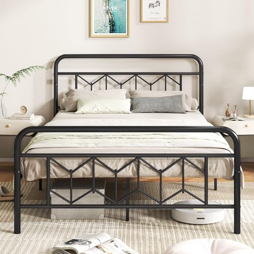 COSTWAY Single/Double/King Size Bed Frame, 3FT/4FT6/5FT Metal Platform Bed Base with High Headboard, Footboard and 32cm Underbed Storage, Metal Slats Support Mattress Foundation, Black (4FT6 Double)