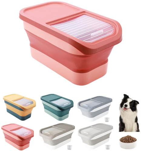 Contenitore per cibo per cani, 12 – 15 kg, ermetico con coperchio ribaltabile, con ruote, pieghevole, contenitore per cibo per cani e gatti, contenitore per animali con misurino fino a 30 lbs (13,6 kg