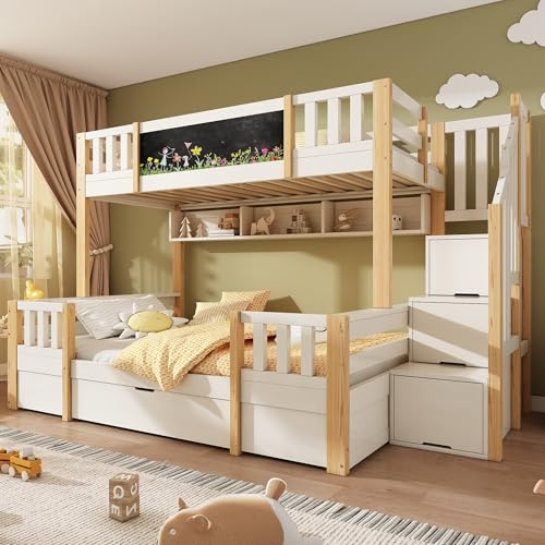 Letto a Castello per Bambini 3 posti con Lavagna+Cassetto Estraibile, Letto bambini con Scala Portaoggetti,3 Vani Portaoggetti,Letto a Soppalco Salvaspazio 90x200+140x200 cm,Legno Massiccio,EN747