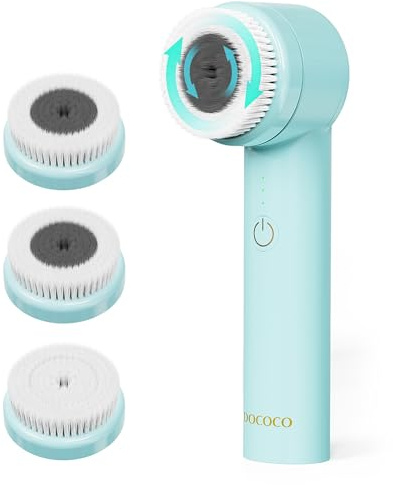 DOCOCO Brosse électrique pour le visage avec 2 sens de rotation, 3 en 1, rechargeable, avec 3 embouts et 3 vitesses pour tous les types de peau pour exfoliation des pores, bleu