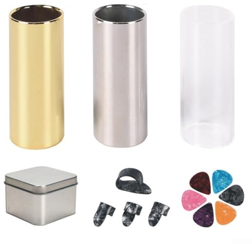 Stainless Steel Guitar Slide and Glass Guitar Slide for Blues Music, Acoustic Guitar Slide Accessories Set with Picks for Steel String Guitar, 1 Acrylic Glass + 2 Steel Slides + 10 Picks