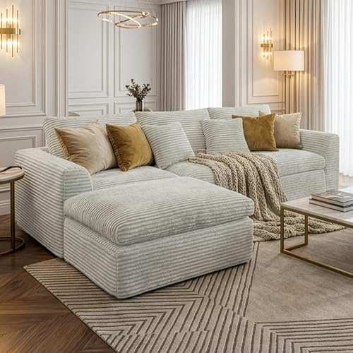 L-Shaped Corner Corduroy Sectional Sofa 4 Seat Modular Boneless Sofa Foam Cloud Couch with Movable Ottoman and Toss Pillows,Modern Deep Seat Convertible Chaise Sofa