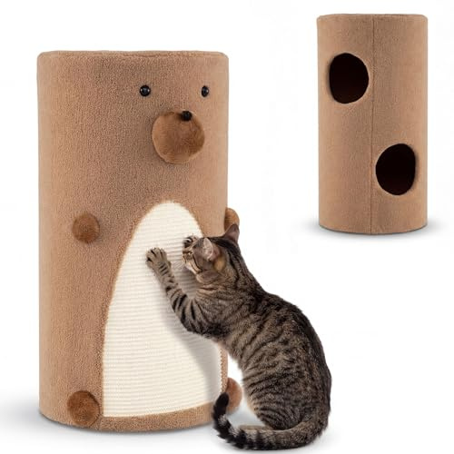 GOPLUS Tonneau à Gratter pour Chatons à 2 Niveaux 66 CM, Arbre à Chat avec Tapis à Griffer en Sisal, Tour pour Chat Moderne Stable Multiniveaux avec 2 Condos, Entrée, Forme d’Ours, Ø 35 cm (Brun)