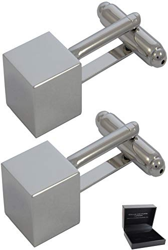 Gemelos Camisa Hombre Color Plata - Con Caja - Gemelos para Camisas - Cuboide Simétrico - Latón - Diseño Clásico - Cuadrada Cubo Lisos - Un Par