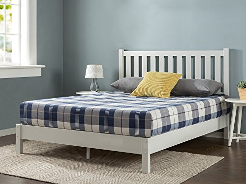 Zinus Wen Wood Deluxe Platform Bed Frame with Headboard, Solid Wood Foundation, Wood Slat Support, No Box Spring Needed, Easy Assembly, Queen, White