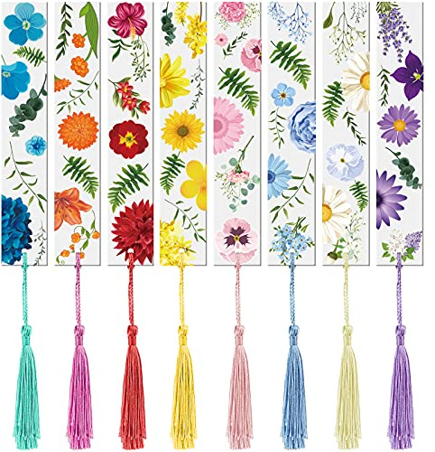 Outus 8 Sets Flower Acrylic Bookmarks for Reading Women Transparent Acrylic Cute Floral Bookmarks with Colorful Tassels Gift for Women Teacher Book Lovers Reading, 8 Styles