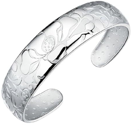 Pulsera De Mujer Con Plata De Ley,Pulsera De Plata De Ley 925 Para Mujer Brazalete De Loto Chino Vintage Brazalete Tallado A Mano Joyería De Plata De Las Señoras Regalos De Cumpleaños Para Herman