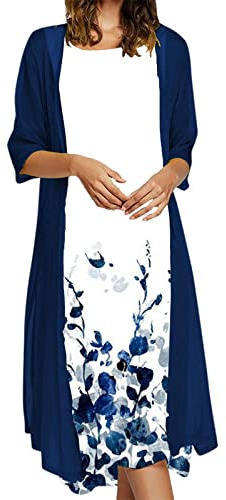 Robe longue en lin pour femme - Imprimé floral - Ourlet irrégulier - Sans manches - Avec veste longue - 2 pièces - Ensemble de robes d'invités de mariage, blanc, XL
