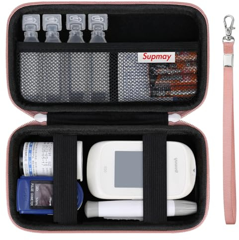 Supmay Estuche rígido para diabéticos, estuche de transporte para medidor de glucosa en sangre para diabetes, kit de prueba de diabetes, bolsa organizadora de almacenamiento para tiras reactivas de