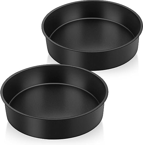 Herogo Cake Tin Set of 2, 8 Inch Non-Stick Round Stainless Steel Cake Tray Pan, 5cm Small Deep Baking Tray for Brownie, Lasagne, Pie, Healthy & Non-Toxic, Durable & Easy Clean (21 cm, Black)