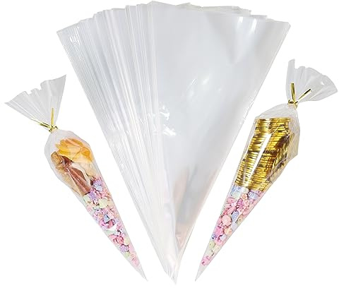 100 sacchetti conici in cellophane, 13 x 25 cm, con laccetti intrecciati, per dolci, snack, popcorn, cioccolatini, caramelle