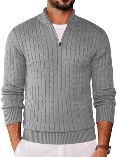 COOFANDY Homme col Montant Pull col roulé Slim fit Tricot Fin Manches Longues Pull d'hiver Half Zip Pullover Sweatshirt Gris XL