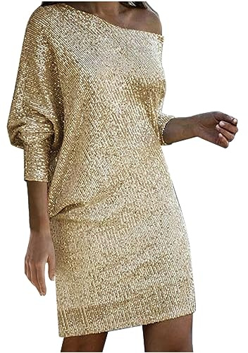 Zeiayuas Women Elegant Formal Sequins Dresses Wrap Off Shoulder Long Sleeves Midi Bodycon Party Dress Sparkly Glitter Evening Dress Elegant Disco Club Prom Ball Gowns Ladies Cocktail Clubwear Gold