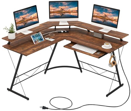 COSTWAY hörnskrivbord med uttag och USB-laddningsport, L-format, monitorstativ, tangentbordshylla och hörlurskrok, 130 x 130 x 86 cm