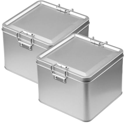 WDONAY 2 Pack Silver Tin Box Containers Metal Storage Box with Lids Rectangular Containers with Buckle Latch for Home Storage Outdoor Usage(4.72×4.72×3.74)