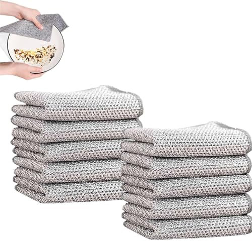 Chiffons de nettoyage multi-usages en fil de fer miracle,Chiffon à récurer double en acier inoxydable,Tampons à récurer multi-usages anti-rayures,Rinçage facile,lavable en machine (10 pièces)