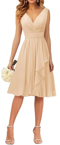 WSEYU Robes de soirée à col en V, robes de demoiselle d'honneur courtes à volants en mousseline de soie, robe de cocktail pour remise de diplôme, champagne, 38