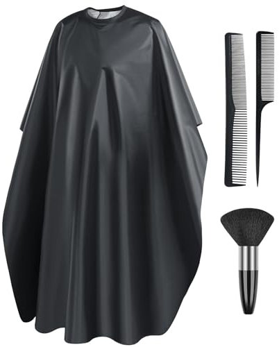 LOPHE Hairdressing Gown Barbers Cape, Black Salon Cape Apron with Neck Duster Brush and Pointed Tail Comb, Waterproof Unisex Cutting Gowns for Hair Styling, Cuts and Colours, Barber Accessories, A