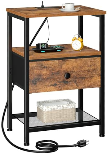 LOAKEKEL Nightstand with Charging Station, End Table with Fabric Drawer, Night Stand for Bedroom, Small Bed Side Table with USB Ports and Outlets for Living Room, Brown, HETS010BR-1
