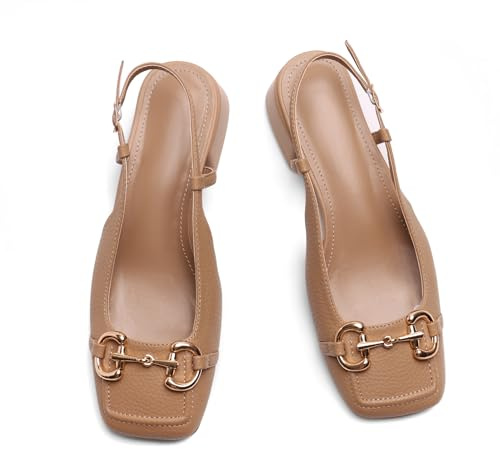 Brown Square Toe Slingback Pump Shoes for Women Chunky Block Heel Sling Back Closed Toe Low Heels Office Church Shoes Heels Size 9