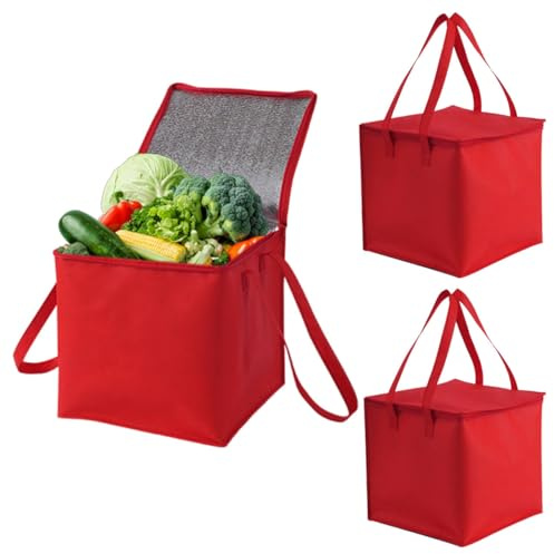 Soft Cooler Bag, 3 Pcs Reusable Insulated Grocery Shopping Bag with Zipper Closure, Foldable Large Cool Bags for Picnic Camping Beach BBQ Shopping Food Delivery(Red, 16/30/90L)