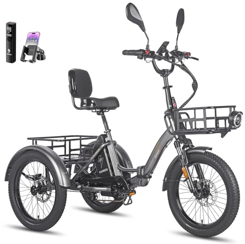 Fafrees F20 Mate Electric Bike Tricycle, 48V/23.45AH Battery, Folding Electric Cargo Trike for Adult Senior, Power Assist 120KM (Standard Rack+ Front Basket, Grey)